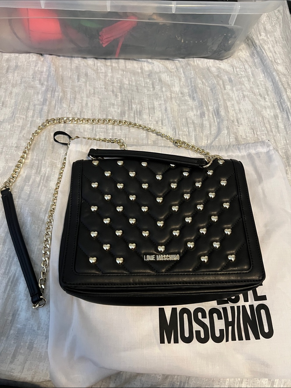 Love Moschino Black Quilted Crossbody with Gold Heart Studs